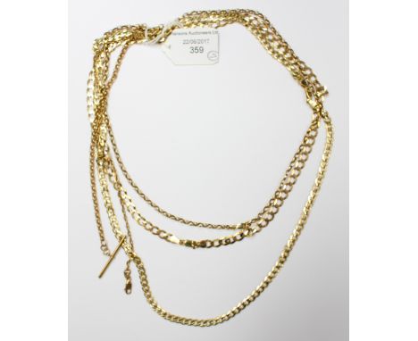 A collection of five 9ct gold chains, various designs, to include one flat curb link chain, approx 24'', an oval link belchor