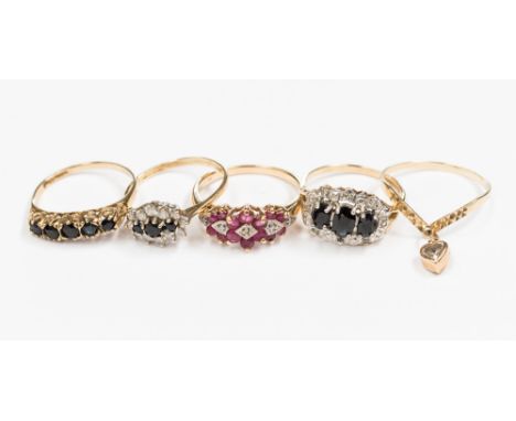 A collection of five  assorted 9ct gold, stone set rings, comprising of a 9ct gold, diamond and ruby cluster ring, size P1/2,