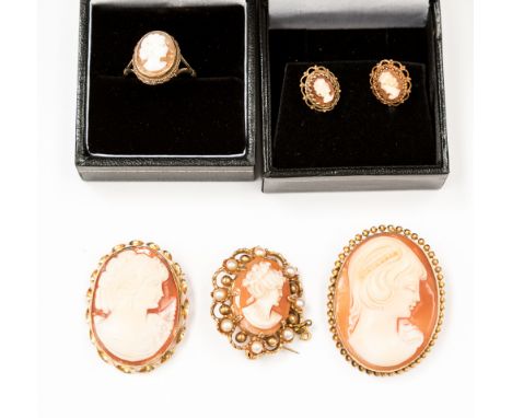 Three gold metal mounted cameo brooches, one with a pearl edge,  along with a 9ct gold cameo ring, size O, and a pair of 9ct 
