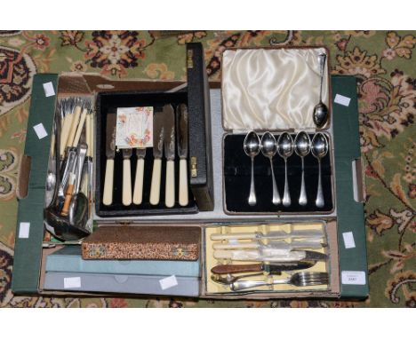 A box of assorted boxed cutlery, to include canteen of cutlery, ladle etc 