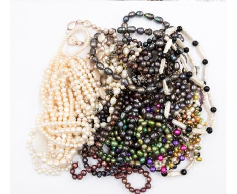 A collection of various coloured pearl strands, multi strands and single rows in different lengths, including seven white pea