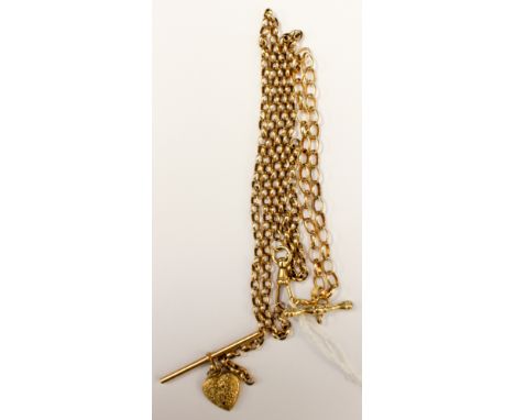 A nine carat gold fob chain with a heart locket pendant, (af)  together with a nine carat gold small bracelet, approx 7'' lon