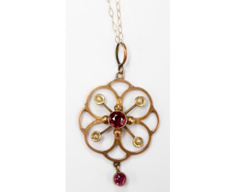 A  9ct seed pearl and pink stone Edwardian style pendant with drop detail on a 15'' chain.