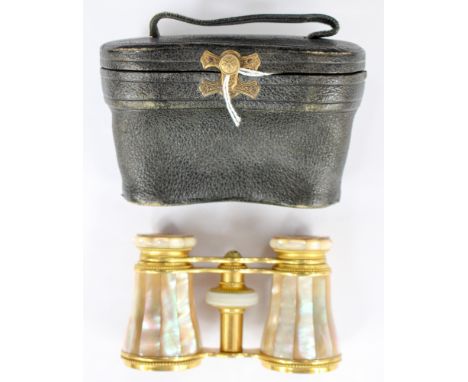 A La Maire Fabj Paris, mother of pearl opera glasses, cased gilt metal