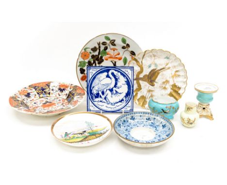 A Spode Japanesque, circa 1880, plate, a Minton tile, Derby soup plate box no cover, and vase no cover, Pearlware etc (9)