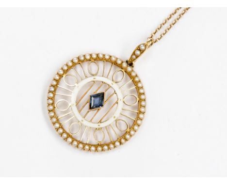 A 15ct, gold seed pearl, enamel and diamond shaped blue stone round Edwardian necklace with chain, with a total gross weight 