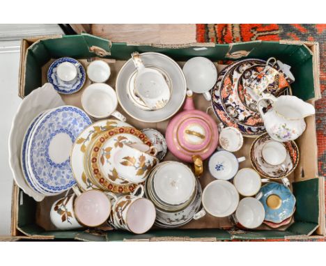 A large collection of ceramics including Royal Crown Derby cups, saucers, plates, slop bowl and jug in the Imari palette, a p