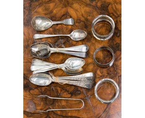 Three napkin rings 0.76 ozt approx, four Georgian teaspoons (hallmark unclear) four (engraved) teaspoons London 1902, six cof