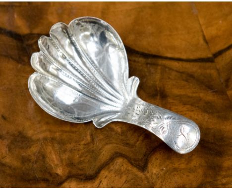A George IV silver caddy spoon, bright cut decorated, floral bowl, John Bettridge, Birmingham 1826 
