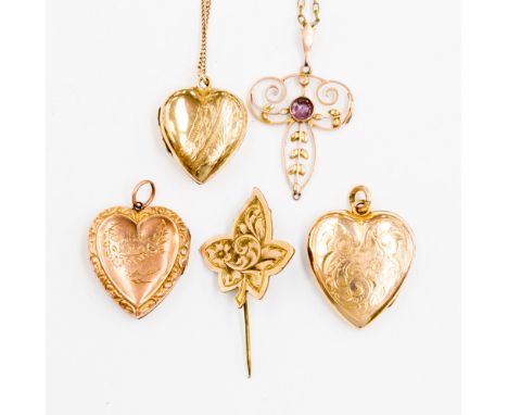 An Edwardian 9ct gold and amethyst pendant complete with chain set (AF) along with three heart shaped 9ct gold pendant includ