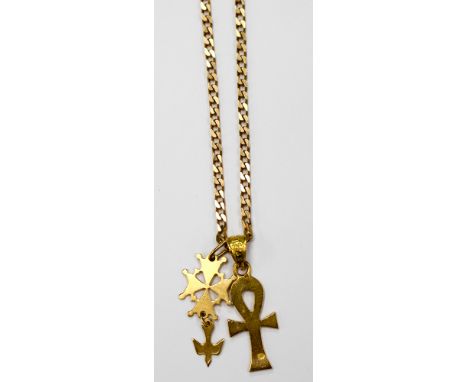 An Egyptian gold cross in 14ct with a 9ct gold cross charm with bird drop detail and a 9ct chain approx 20'' long with a comb