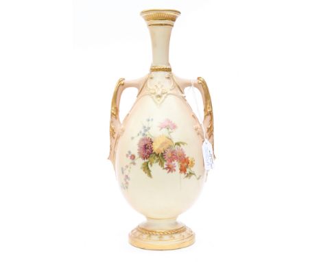 A Royal Worcester blush ivory two handled baluster shaped vase, hand painted to front and back with floral sprays, early 20th