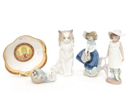 A Lladro girl with basket ref 5222, with Lladro Goose and Gosling's ref 4895, a Nao Persian Cat, a Nao girl in hat and a Roya