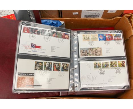 Bag of postcards, stamp finder book, hinges and refills, trusty stamp album empty, blue ring binder stamp album, plastic bag 