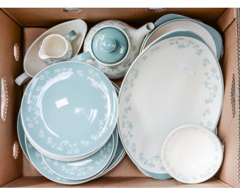 A collection of Royal Doulton Queenslace dinner ware containing plates, teapot, jug etc. (one box)
