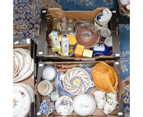 Willow pattern meat plates, muffin dish top and sugar bowl and jug, egg basket - chicken, horn handled carving set, EPNS crue