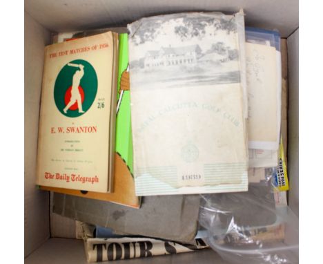 A box containing sporting memorabilia, collection of cricket publications/programmes (1950s - 1990s), golf handbooks/programm