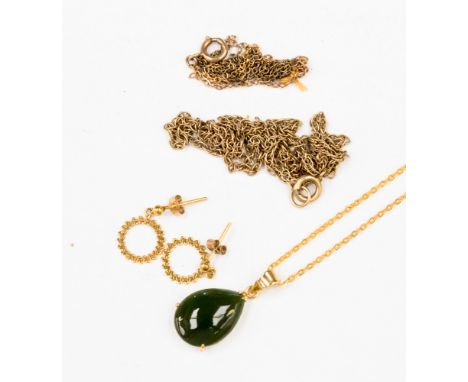 Two yellow metal fine chains, 4.5 grams and a jade pendant on chain, etc 
