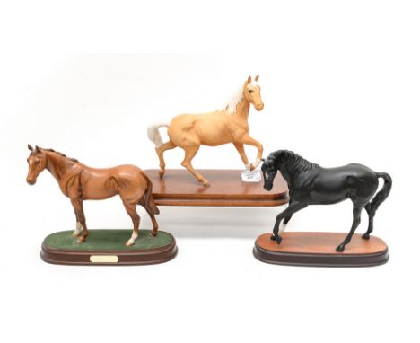 Beswick : a Palomino horse raised foreleg, matte glaze mounted on wooden plinth,'Mr Frisk' chestnut horse mounted on wooden p