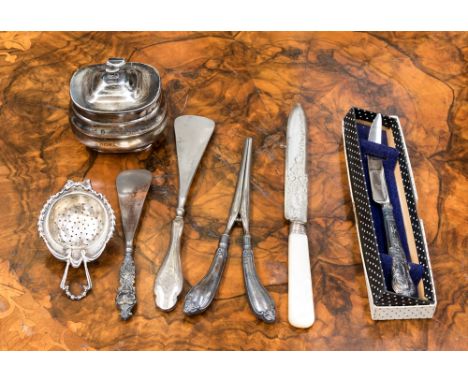 A silver caddy with hinged lid, Sheffield 1917 together with a London tea strainer with inscription, together with silver (ha