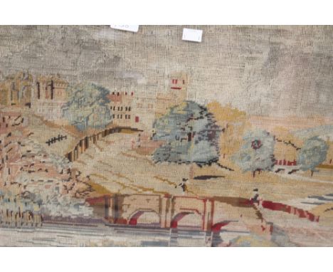 A 19th Century framed tapestry of Haddon Hall, unnamed carved wood frame, original framed condition (Derbyshire family) 
