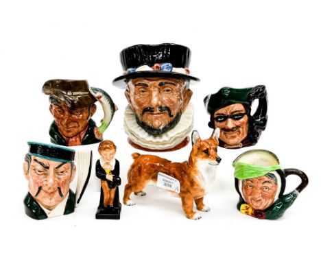 A large Royal Doulton character jug Beefeater, four small jugs, the Mikado Sarey Gamp, the Poacher, and Dick Turpin together 
