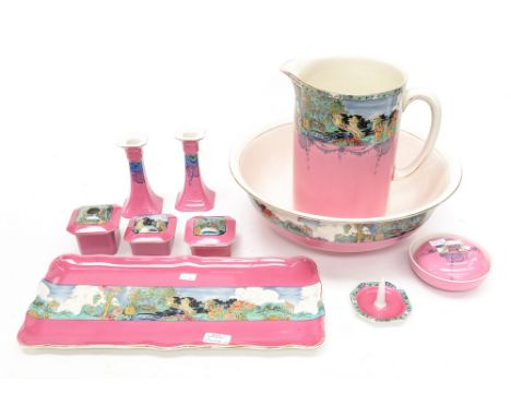 A ten piece dressing table set, Wilkinson Ltd, three pieces of Carlton ware 'Mushroom Cruet'