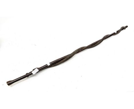 African Tribal stick, carved snake eating a lizard 
