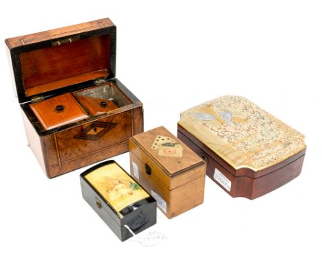 An inlaid rectangular tea caddy, a card box (boxwood) with applied transfers, a Japanese lacquer box and key and a lacquerwar