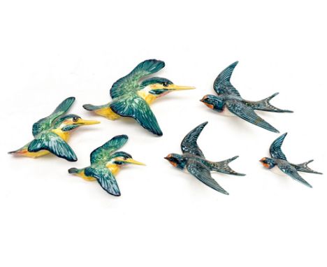 A set of three Beswick wall plaques, flying kingfishers 721-1 and a set of bluebirds a/f 757-1