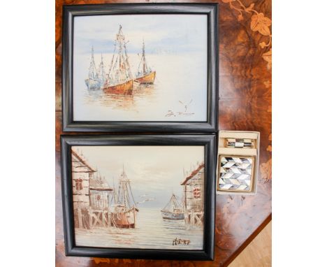 A German compact and lipstick case (with mother of pearl) decoration (boxed) two small oil paintings (3) 