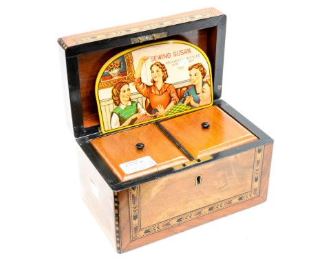 A figured walnut Tonbridge ware tea caddy 