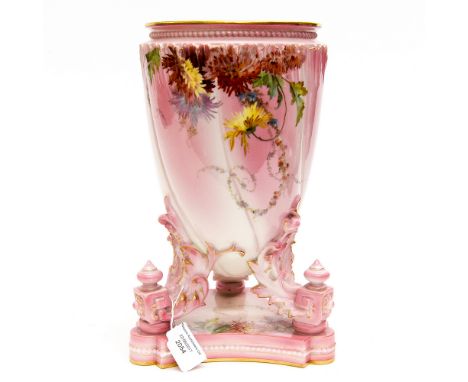 A Worcester circa 1884 vase, a late Victorian Campaign/Empire style , a vase raised on triangular stand an three legs (minus 