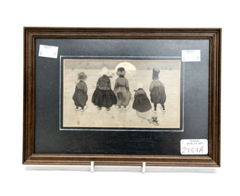 Norman Wilkinson, a cartoon pen and ink drawing of children, early 1900s, mounted and framed 