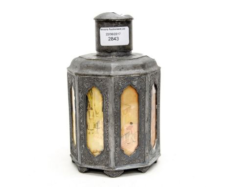 A pewter/zinc tea caddy, Chinese imprint to base, eight hand-painted, possibly on ivory, inserts around the body of the caddy