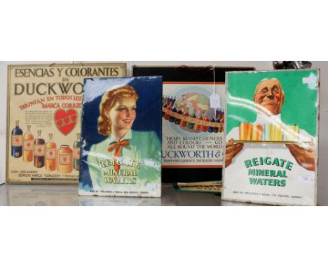Three 1930s / 1940s enamel drink advertising signs and two cardboard adverts