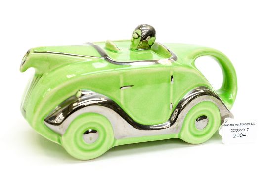 An Art Deco Sadler Racing Car Teapot Green Glazed