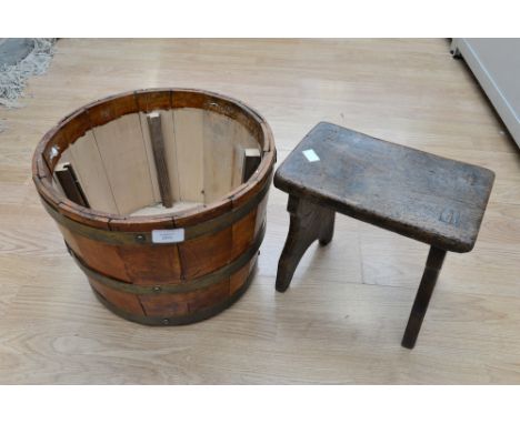 An antique small trestle stool, coppered planter and projector (Kodak) carousel, etc (4)  