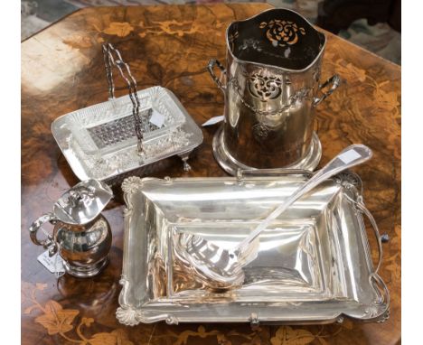 A plated, John Peny Nottingham, butter dish stand with dish a/f, a wine cooler, ladle, milk jug with lid and fruit dish (5) 