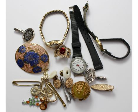 Costume jewellery, cuff links and tie clips etc, together with three ladies wristwatches Swissan, Baume and Timex