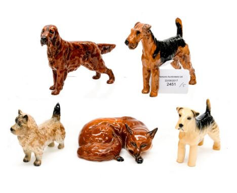 A Royal Doulton Airedale dog, Red Setter, together with s Beswick 'resting' fox, a Beswick Cairn Terrier and a Beswick wireha