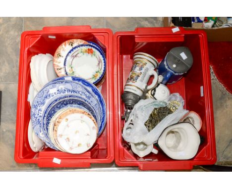 A Spode blue Italian, Masons Ironstone, Japanese flatware, etc, also a box of character Toby jugs, stein and brass ware, etc 