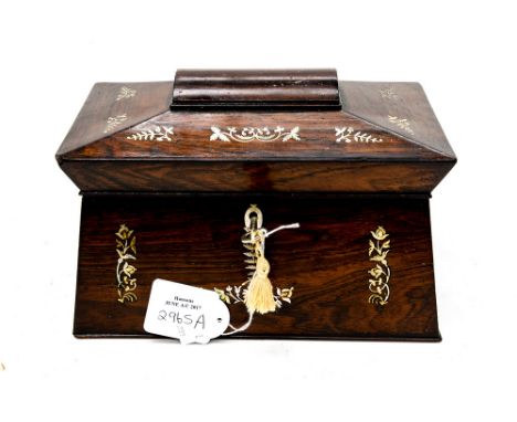 19th century Rosewood tea caddy with mother of pearl inlays, inc. working lock and key