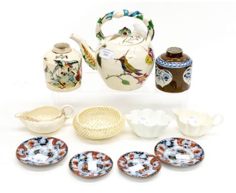 A Creamware teapot, caddy, a Grainger Worcester cream jug, cockle dishes, pearlware caddy etc (11)