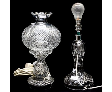 ***EDWARD TO PAT TEST*** A Waterford cut glass table lamp, with a matching glass shade; together with a further glass table l