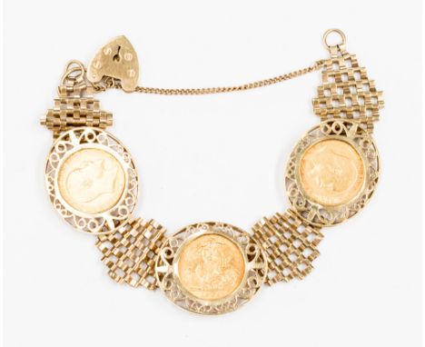 A half sovereign bracelet set with three sovereigns 1910, 1908 and 1906 in 9ct fancy mounts and gate link spacers with padloc