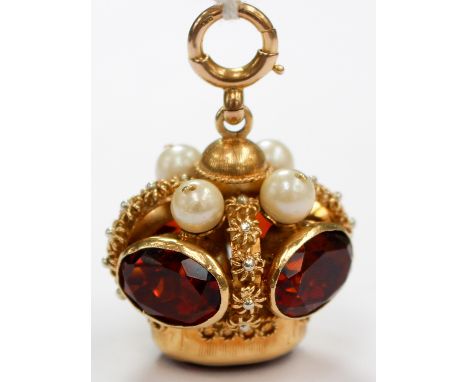 A 14ct gold orange stone and cultured pearl set fob pendant, gross weight approx 24.5gms 