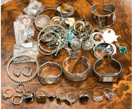 A selection of white, yellow and rose metal costume jewellery including hoop earrings, enamelled drop earrings, thirteen asso