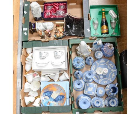 Three boxes of ceramics and glassware including Goebel, Wedgwood, boxed Tutbury crystal, etc 