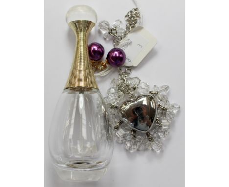 A collection of Dior items to include a pair of Dior double end faux pearl and crystal earrings, a Dior J' adore perfume bott
